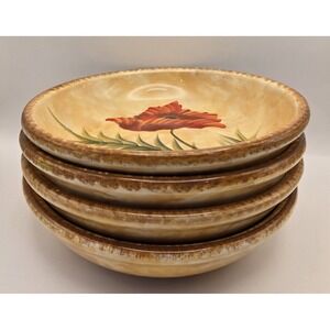 Hand Painted bowls 9.5" Stoneware 4 Pasta Le Fleur Poppies Tre Sorelle